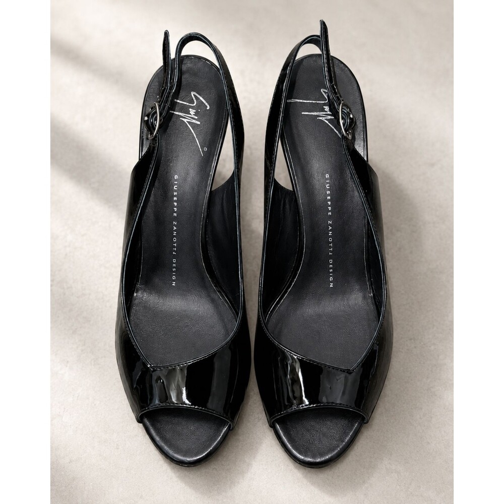 Giuseppe Zanotti Black Patent Leather Peep Toe Slingback Stiletto Heels  37.5